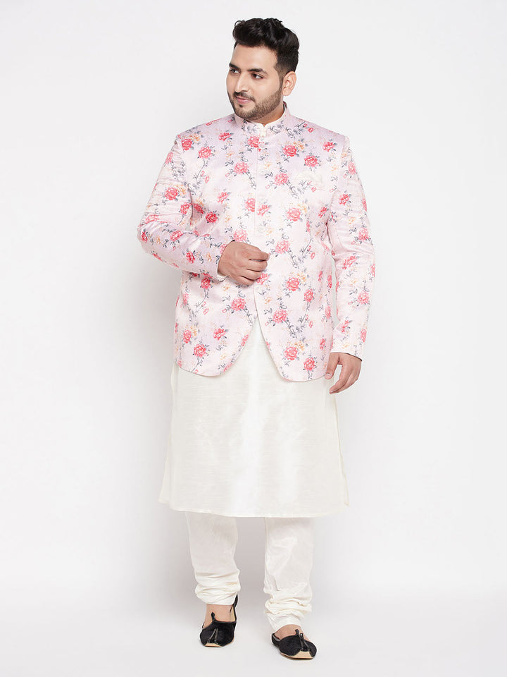 VASTRAMAY Men's Peach Silk Blend Jodhpuri With Cream Kurta Pyjama Set showcasing intricate embroidery and elegant design