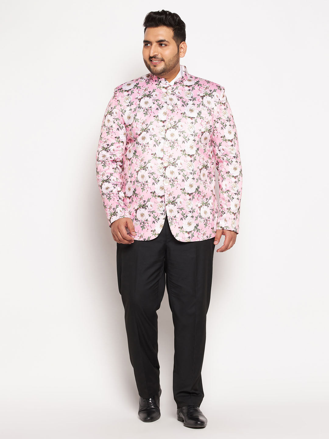 VASTRAMAY Plus Size Men's pink Silk Blend Jodhpuri with intricate embroidery and mandarin collar 