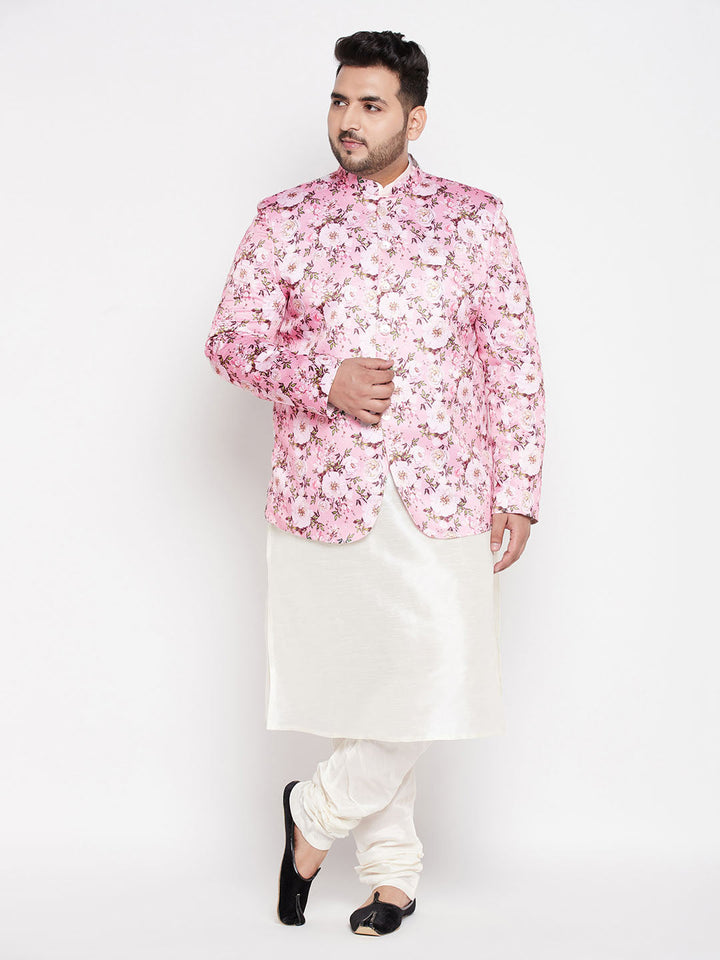 A close-up image of VASTRAMAY Men's Pink Silk Blend Jodhpuri With Cream Kurta Pyjama Set, showcasing the intricate detailing and luxurious fabric