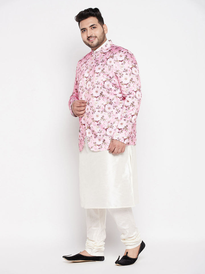 VASTRAMAY Men's Pink Silk Blend Jodhpuri With Cream Kurta Pyjama Set for Traditional Indian Wedding Wear