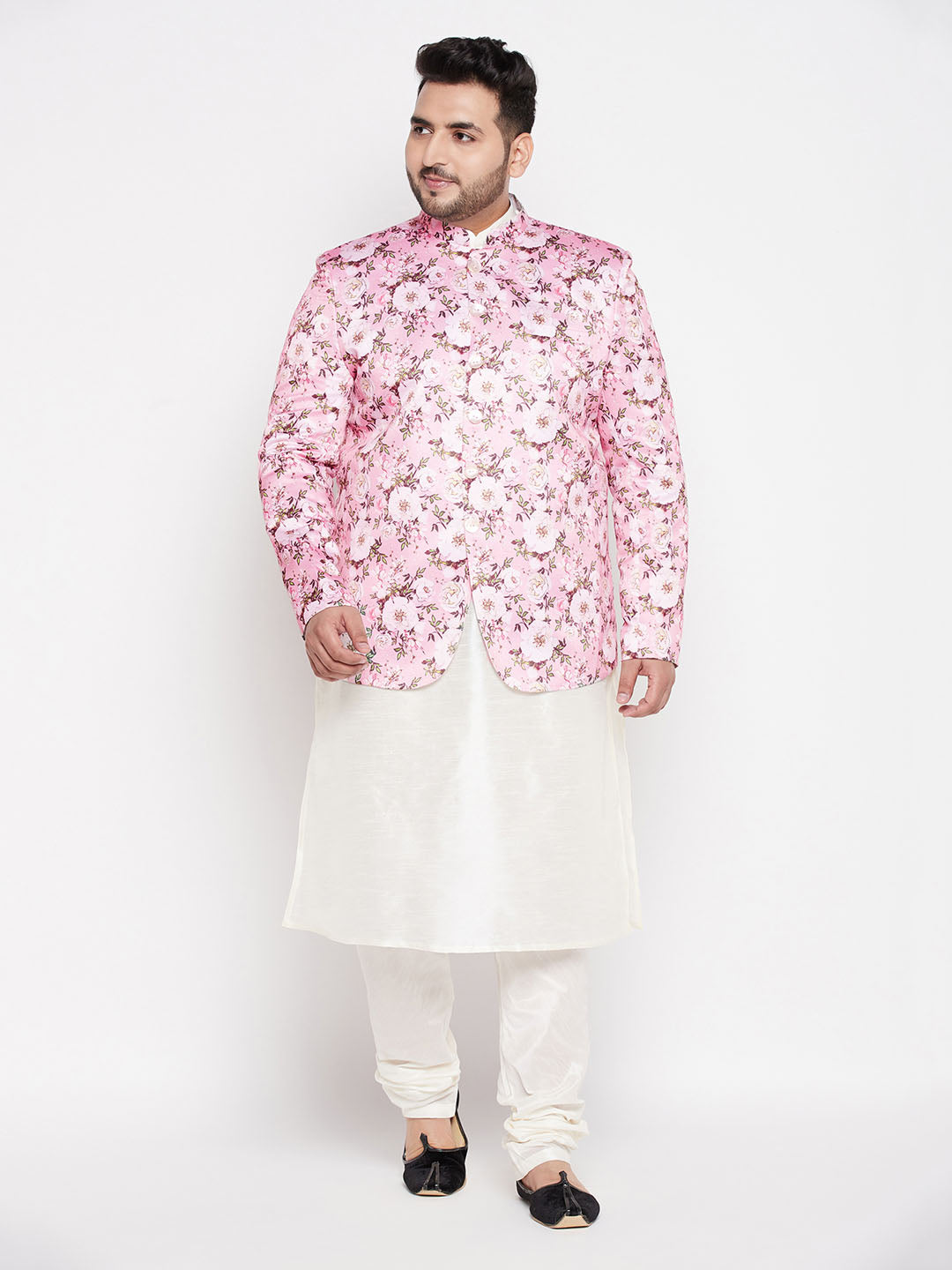 VASTRAMAY Men's Pink Silk Blend Jodhpuri With Cream Kurta Pyjama Set