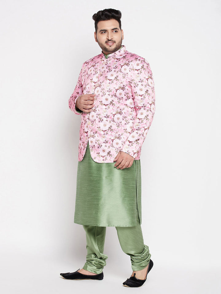 VASTRAMAY Men's Pink Silk Blend Jodhpuri With Mint Green Kurta Pyjama Set, traditional Indian attire for special occasions and cultural events