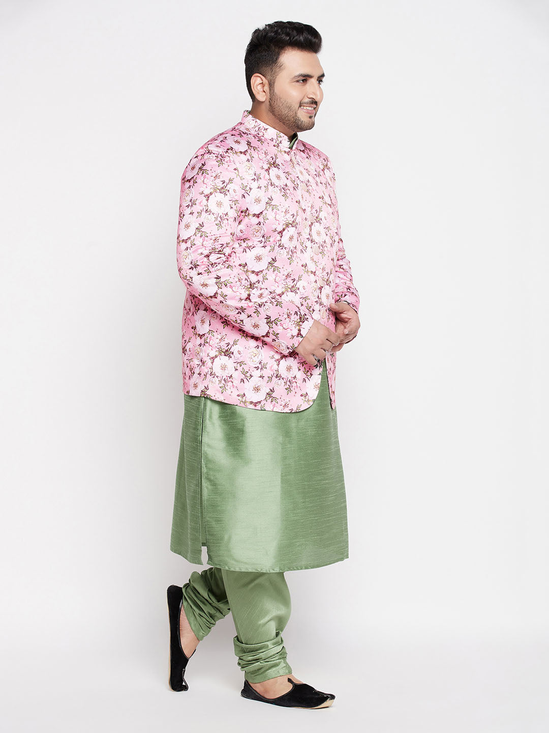 VASTRAMAY Men's Pink Silk Blend Jodhpuri With Mint Green Kurta Pyjama Set, traditional Indian men's outfit with intricate embroidery and elegant design