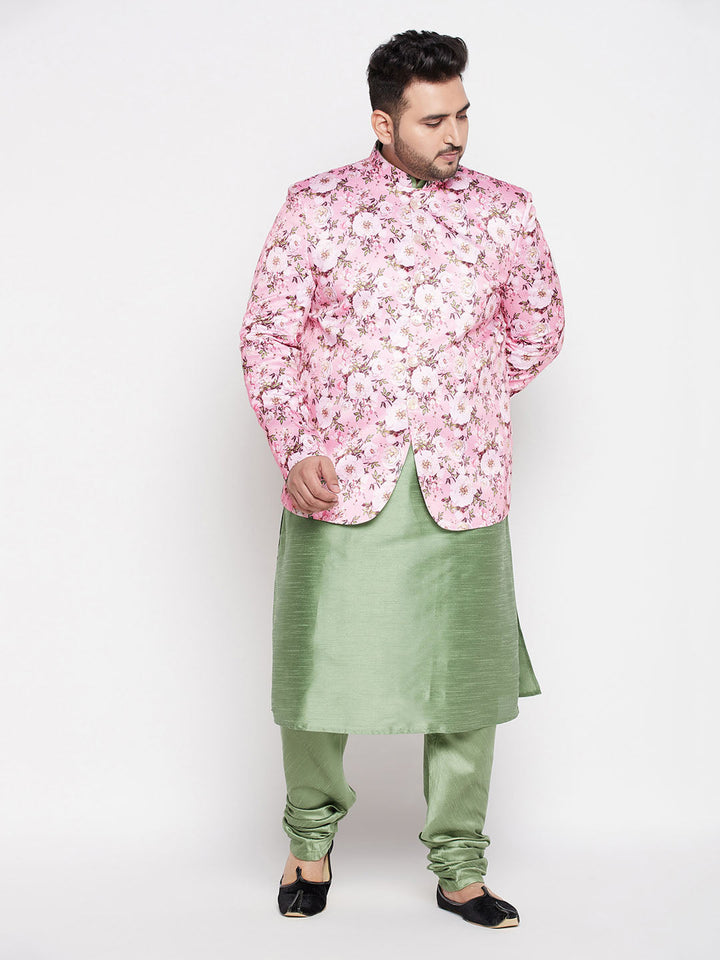 VASTRAMAY Men's Pink Silk Blend Jodhpuri with Mint Green Kurta Pyjama Set, traditional Indian attire for special occasions and celebrations