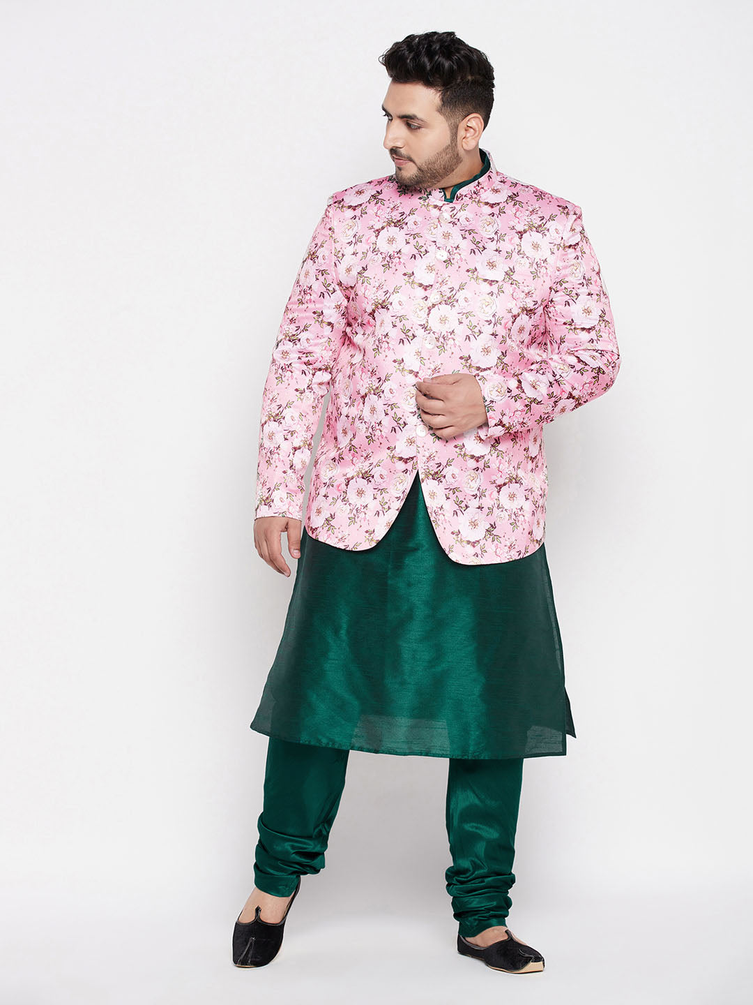 VASTRAMAY Men's Pink Silk Blend Jodhpuri With Dark Green Silk Blend Kurta Pyjama Set