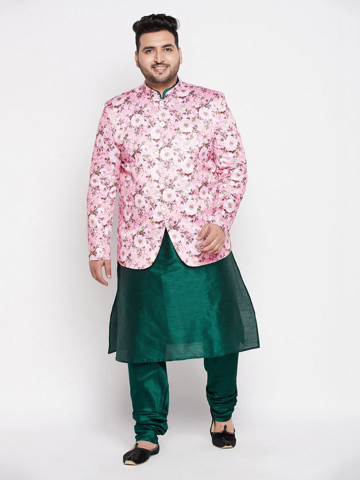  High-quality image of VASTRAMAY Men's Pink Silk Blend Jodhpuri With Dark Green Silk Blend Kurta Pyjama Set