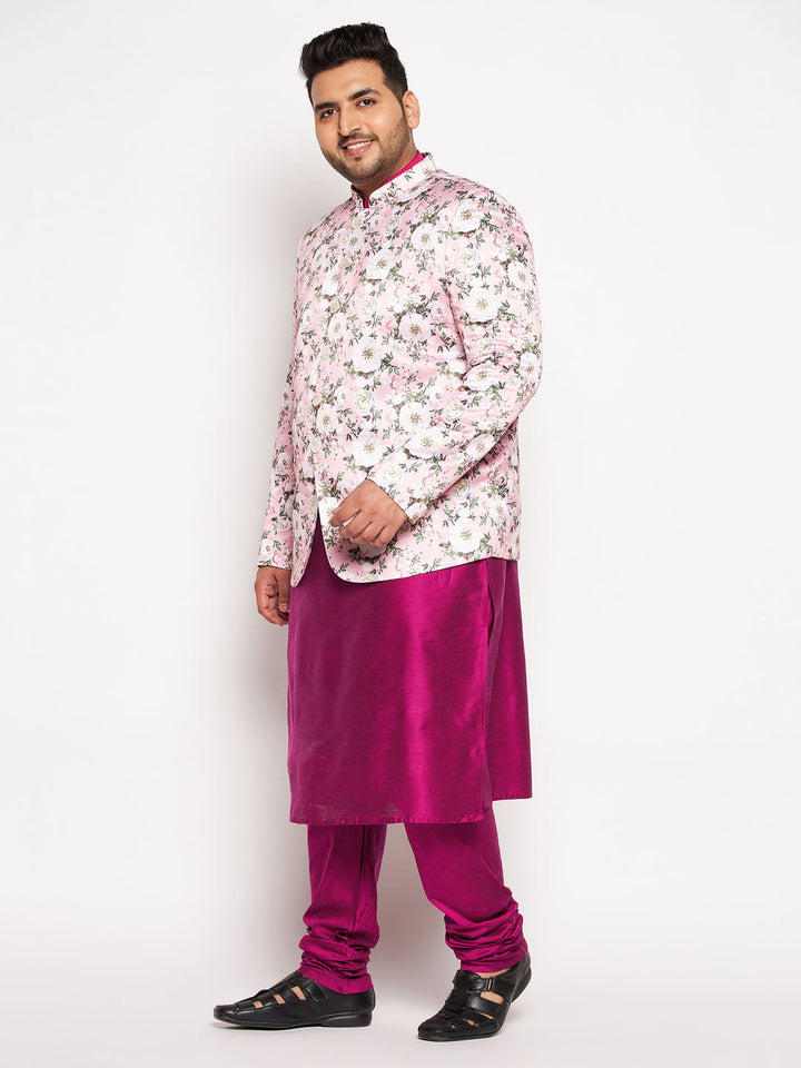 VASTRAMAY Men's Pink Silk Blend Jodhpuri With Fuchsia Kurta Pyjama Set