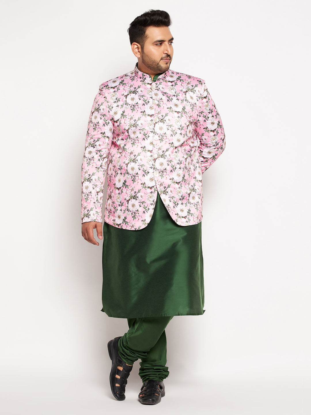  A full-length view of the VASTRAMAY Men's Pink Silk Blend Jodhpuri With Dark Green Kurta Pyjama Set