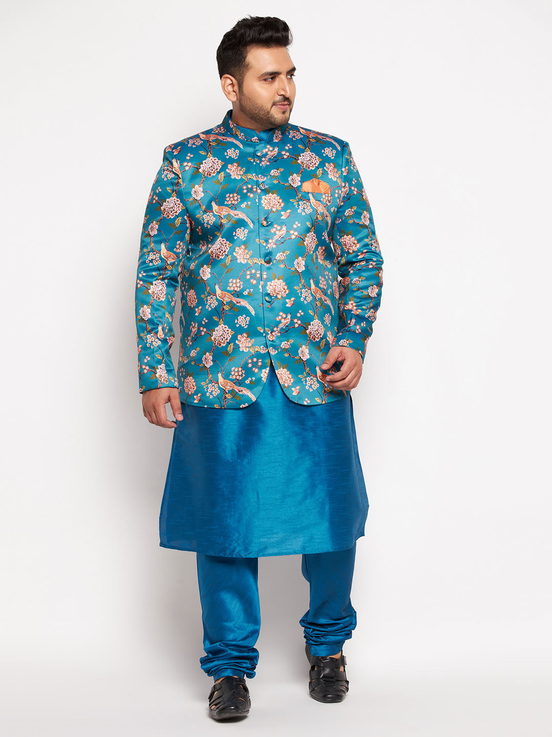 VASTRAMAY Men's Turquoise Blue Silk Blend Jodhpuri With Turquoise Blue Kurta Pyjama Set