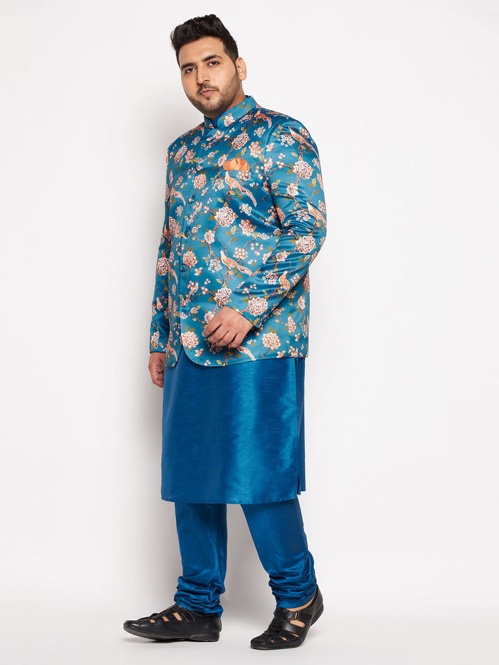 VASTRAMAY Men's Turquoise Blue Silk Blend Jodhpuri With Turquoise Blue Kurta Pyjama Set