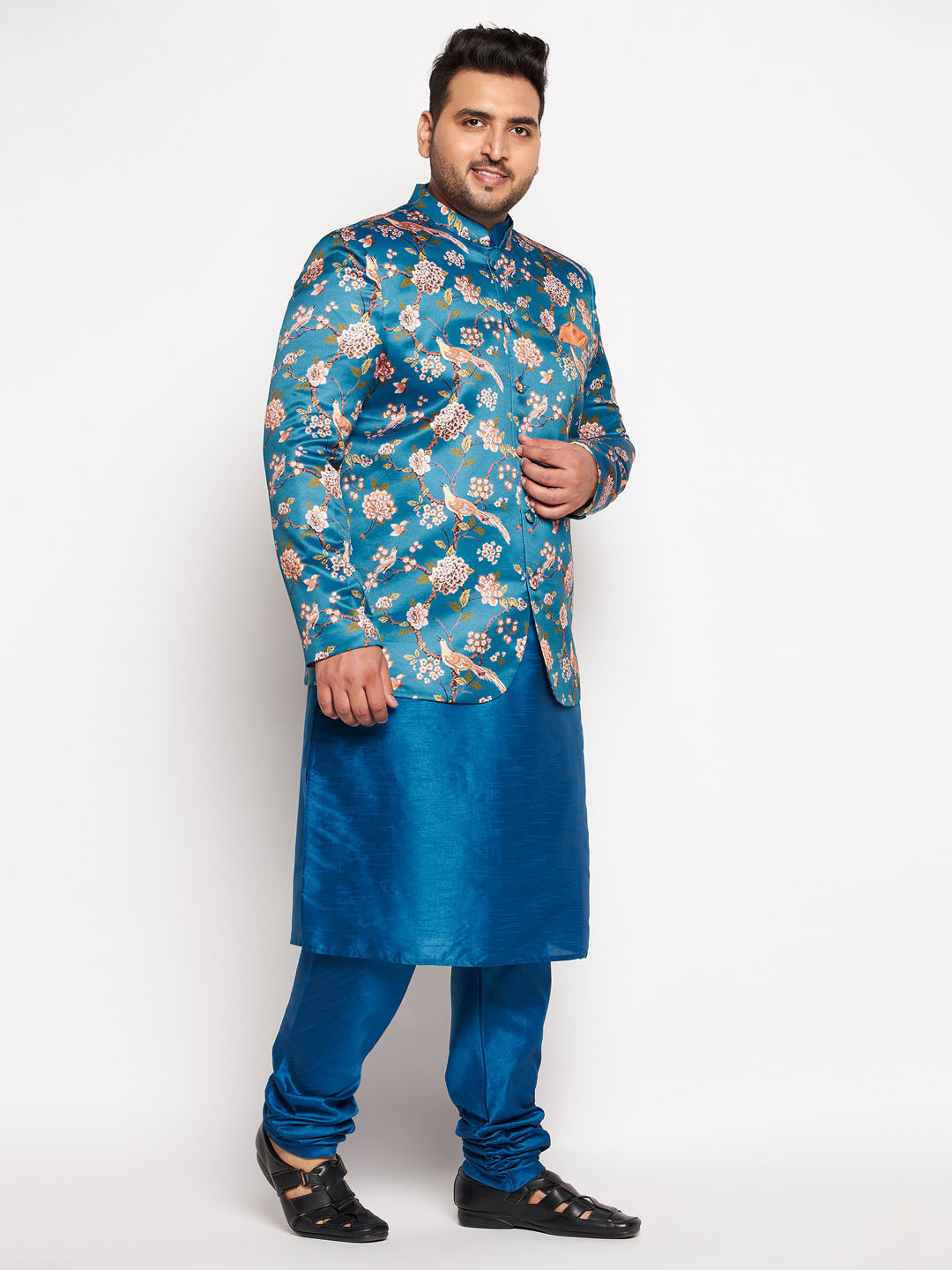 VASTRAMAY Men's Turquoise Blue Silk Blend Jodhpuri With Turquoise Blue Kurta Pyjama Set