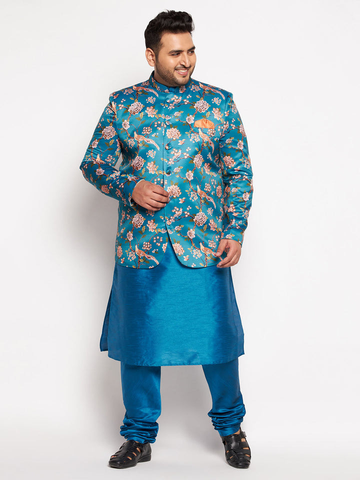 VASTRAMAY Men's Turquoise Blue Silk Blend Jodhpuri With Turquoise Blue Kurta Pyjama Set - Traditional Indian clothing for men in vibrant turquoise blue color