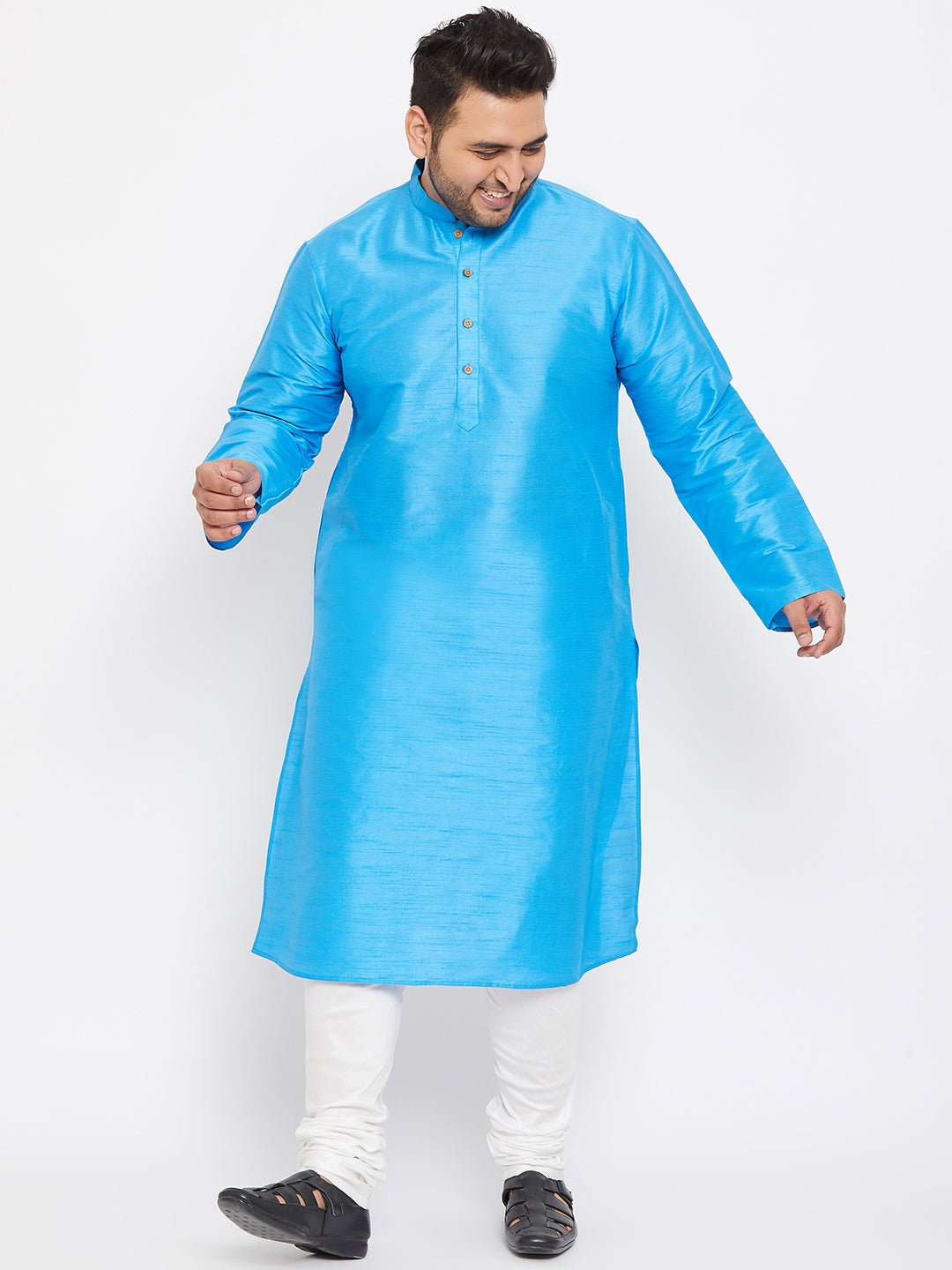 VASTRAMAY Men's Plus Size Aqua Blue Silk Blend Kurta Pyjama Set