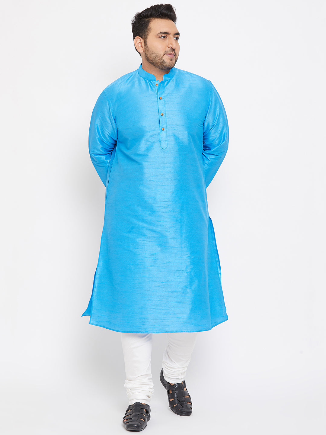 VASTRAMAY Men's Plus Size Aqua Blue Silk Blend Kurta Pyjama Set