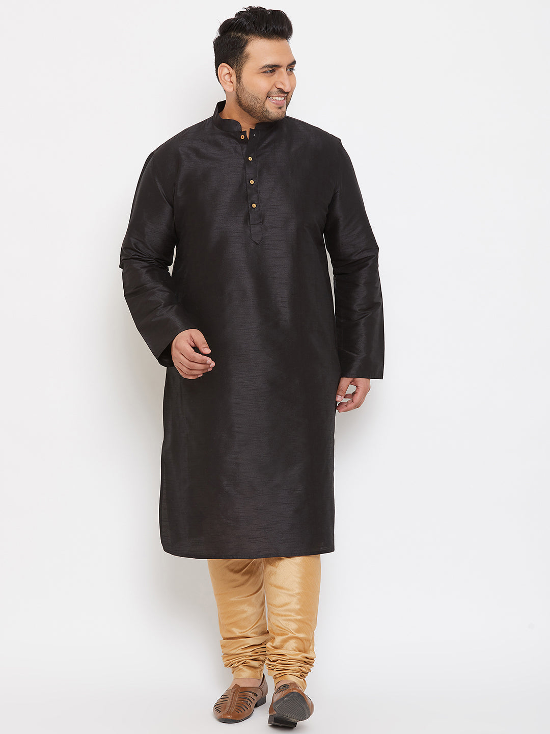 VASTRAMAY Men's Plus Size Black Silk Blend Kurta Pyjama Set