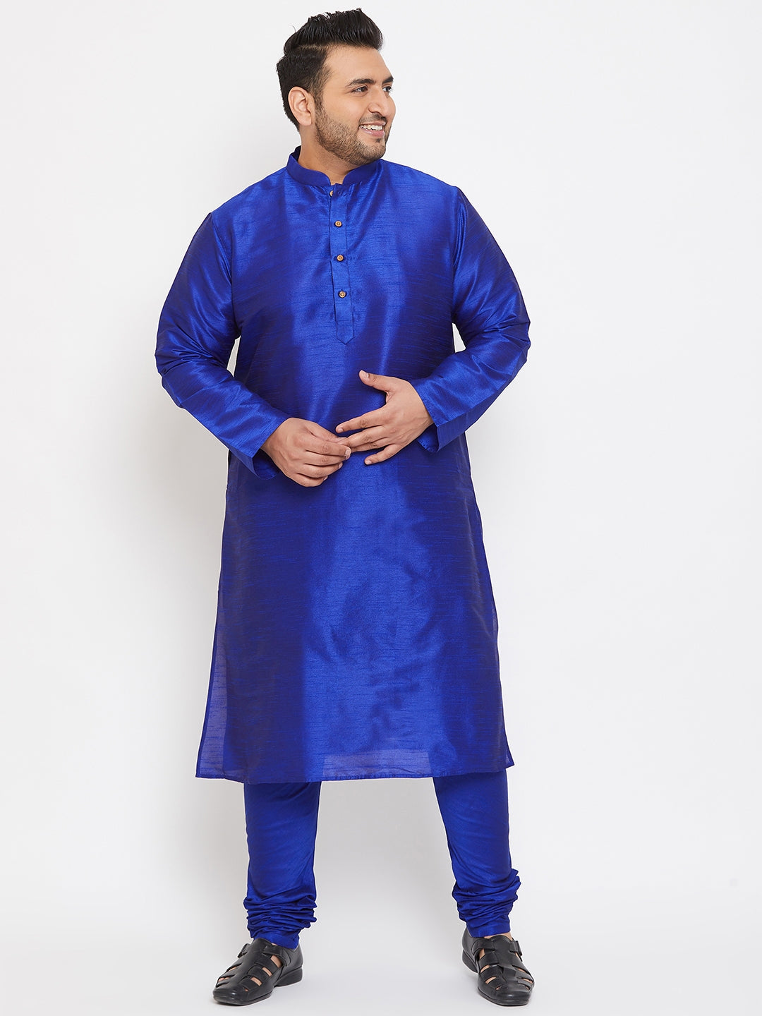  Stylish and comfortable men's plus size blue silk blend kurta pyjama set