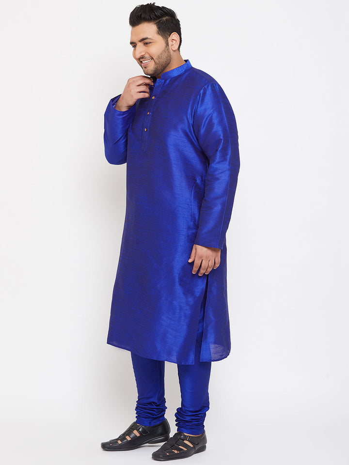 VASTRAMAY Men's Plus Size Blue Silk Blend Kurta Pyjama Set with traditional Indian design and comfortable fit for special occasions