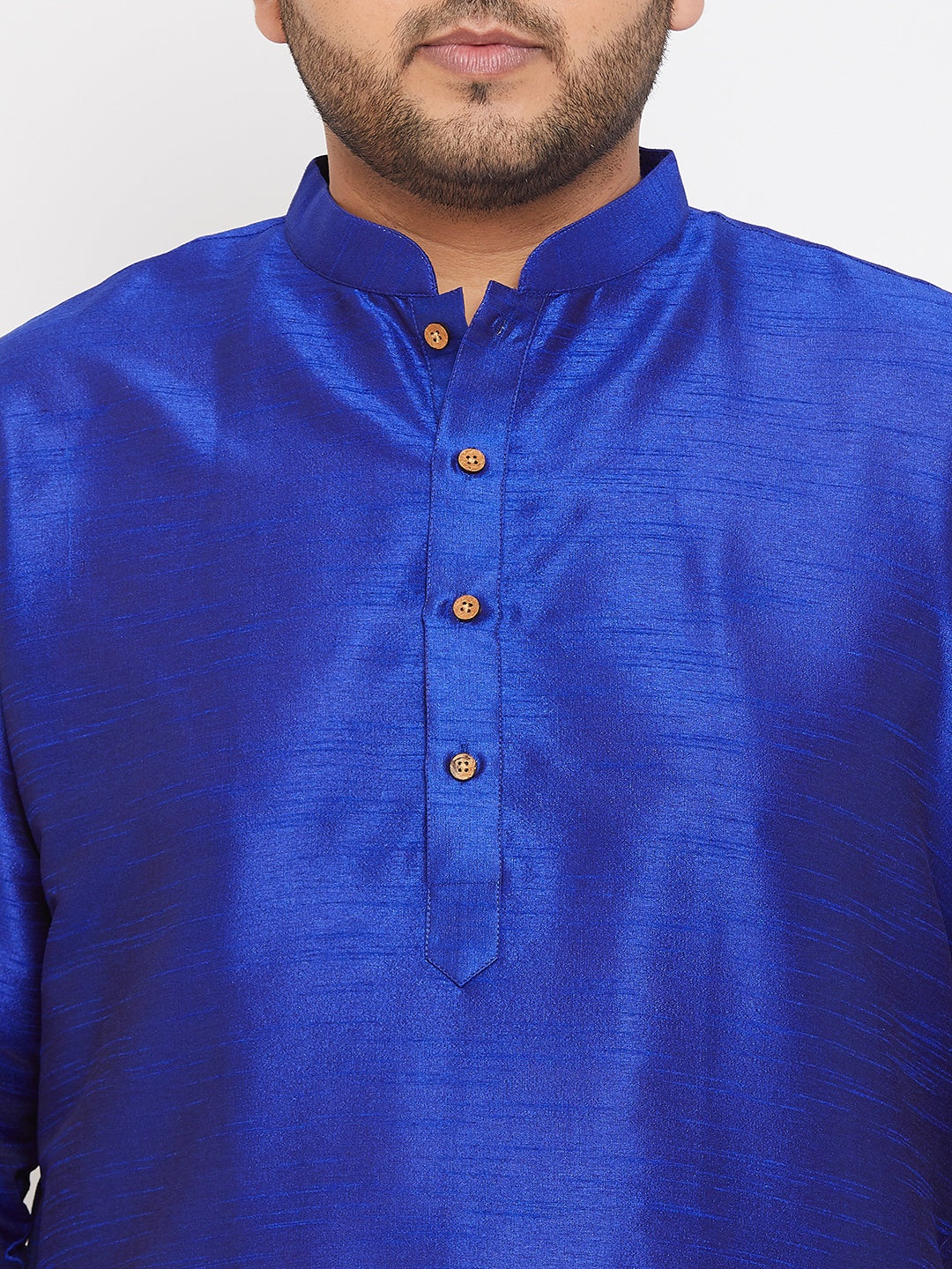 VASTRAMAY Men's Plus Size Blue Silk Blend Kurta Pyjama Set, traditional Indian attire with intricate embroidery and comfortable fit for formal occasions