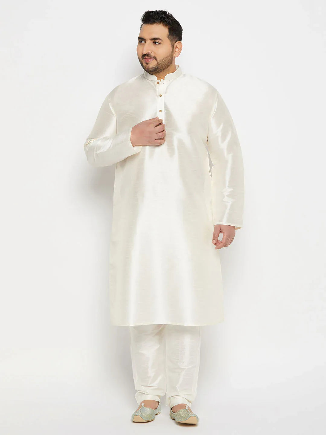 Men's Plus Size Cream Silk Blend Kurta Pant Set