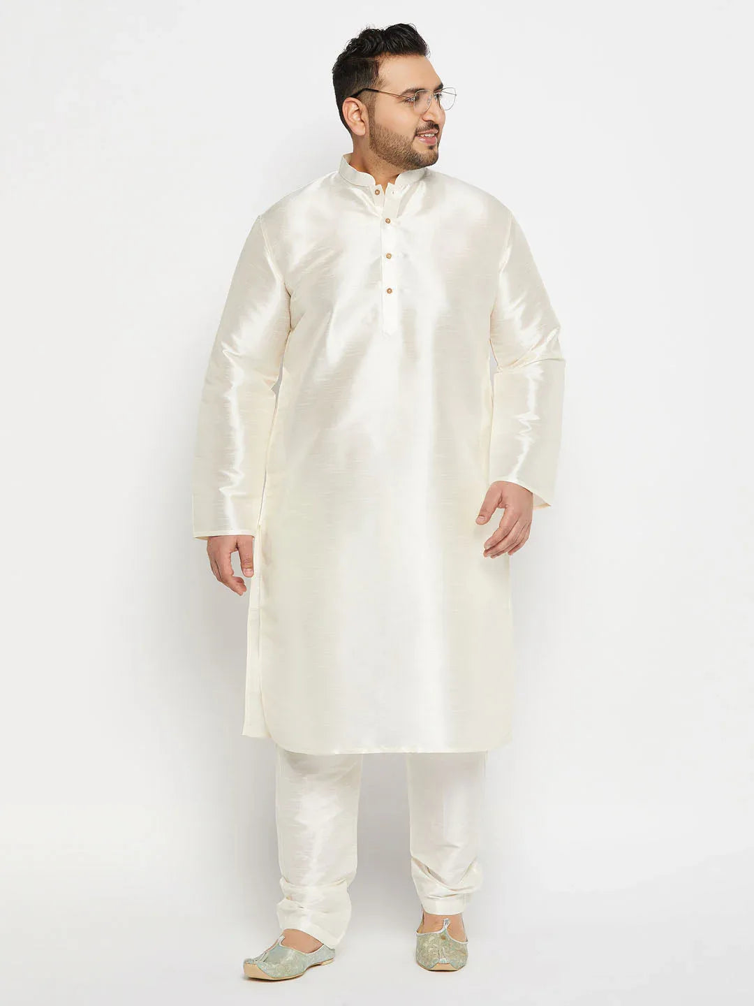 Men's Plus Size Cream Silk Blend Kurta Pant Set