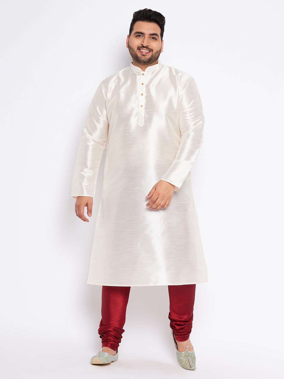 VASTRAMAY Men's Plus Size Cream Silk Blend Kurta Pyjama Set