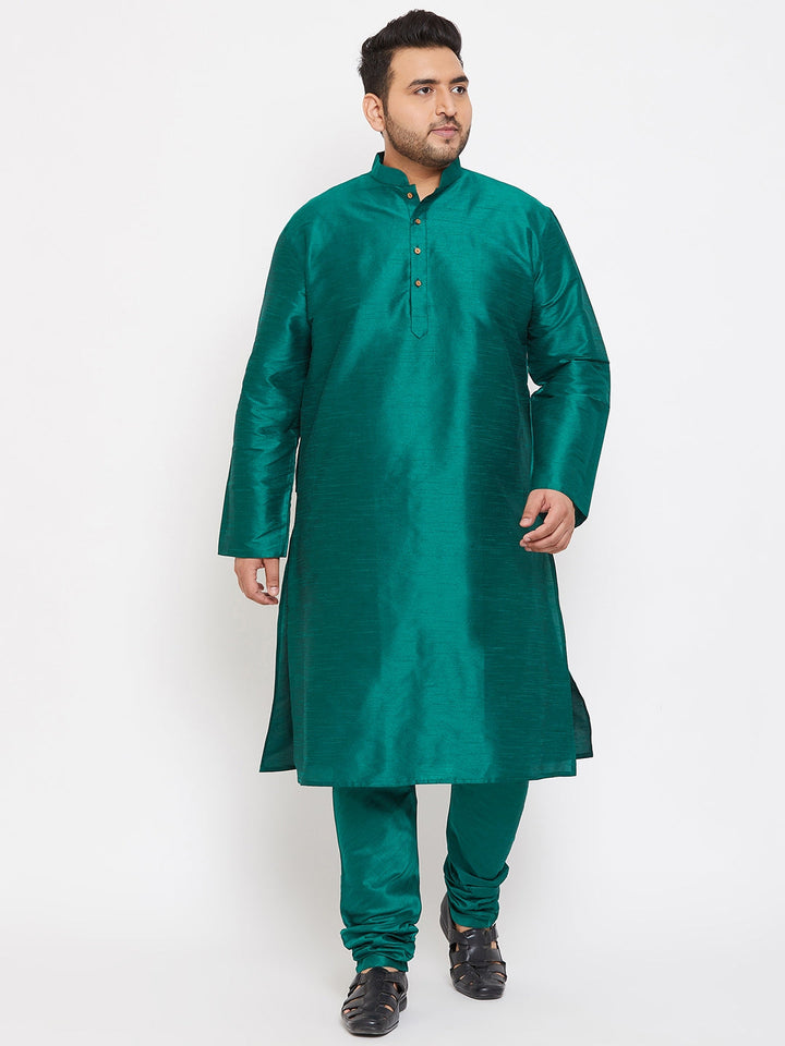 VASTRAMAY Men's Plus Size Green Silk Blend Kurta, traditional Indian attire