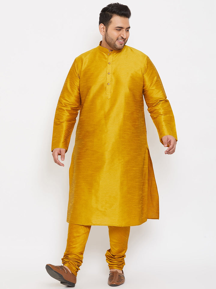 VASTRAMAY Men's Plus Size Mustard Silk Blend Kurta Pyjama Set