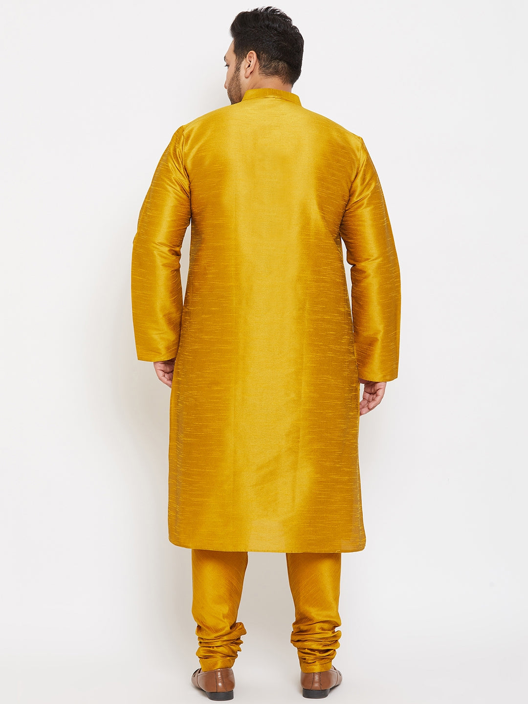 VASTRAMAY Men's Plus Size Mustard Silk Blend Kurta Pyjama Set - Traditional Indian ethnic wear for men in a rich mustard color with intricate detailing and comfortable fabric blend