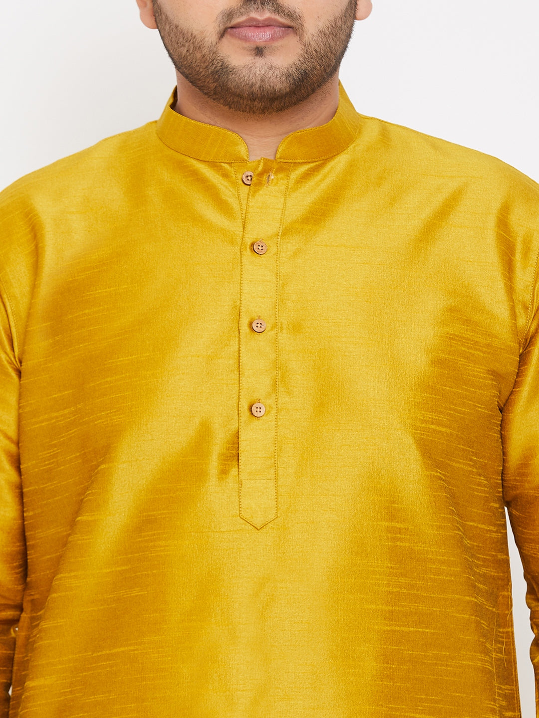 VASTRAMAY Men's Plus Size Mustard Silk Blend Kurta Pyjama Set, traditional Indian attire for men, in vibrant mustard color with intricate embroidery details