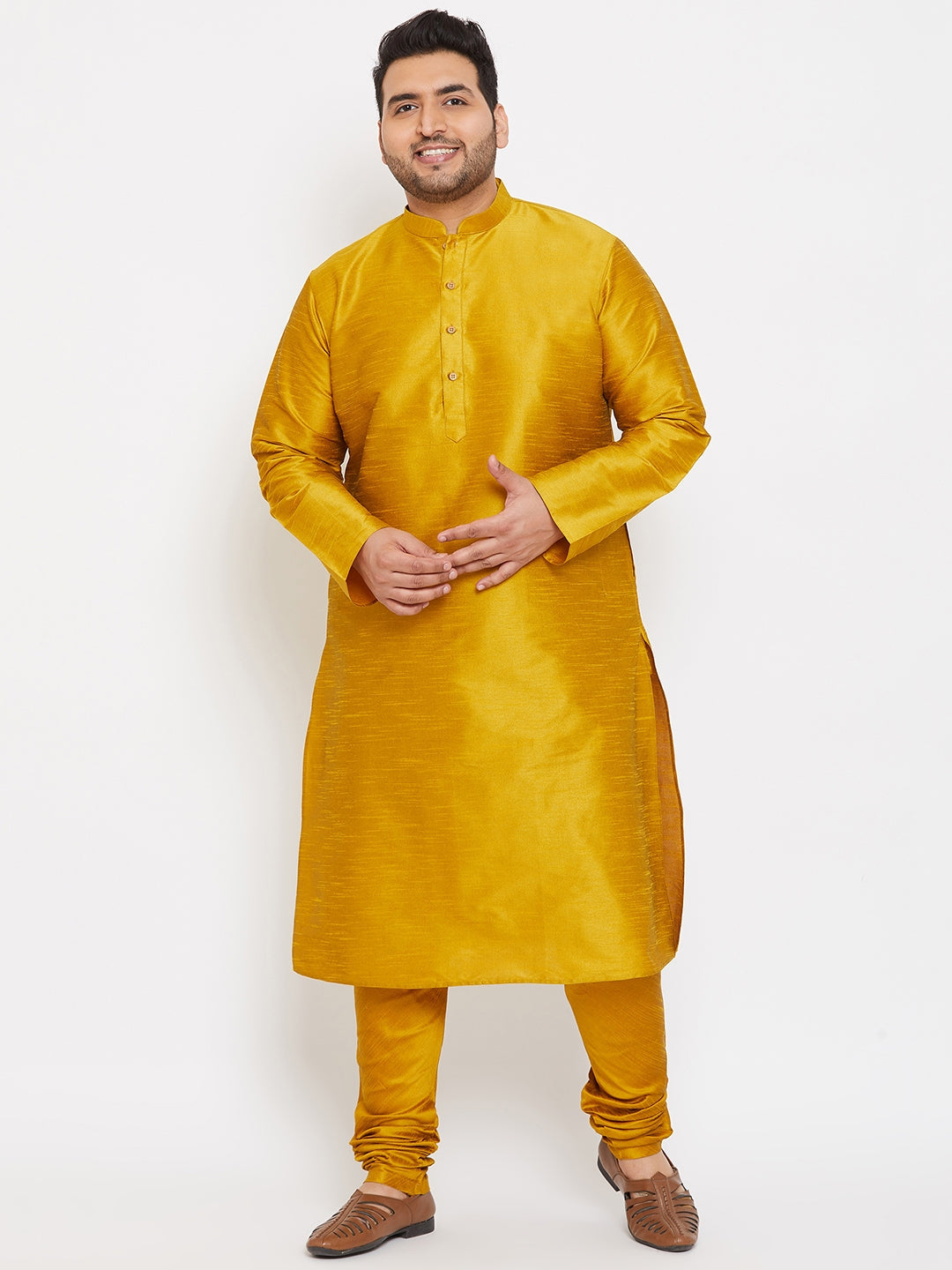 VASTRAMAY Men's Plus Size Mustard Silk Blend Kurta Pyjama Set with intricate embroidery and traditional Indian design