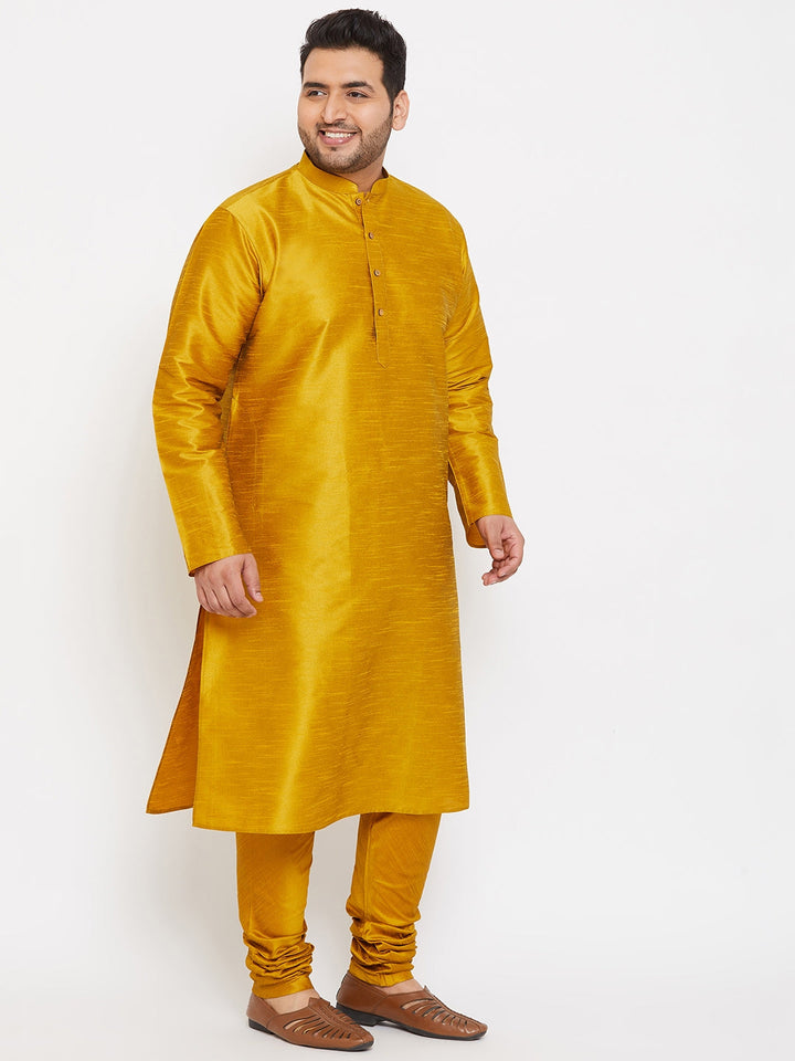 VASTRAMAY Men's Plus Size Mustard Silk Blend Kurta Pyjama Set, traditional Indian attire for special occasions, comfortable and stylish