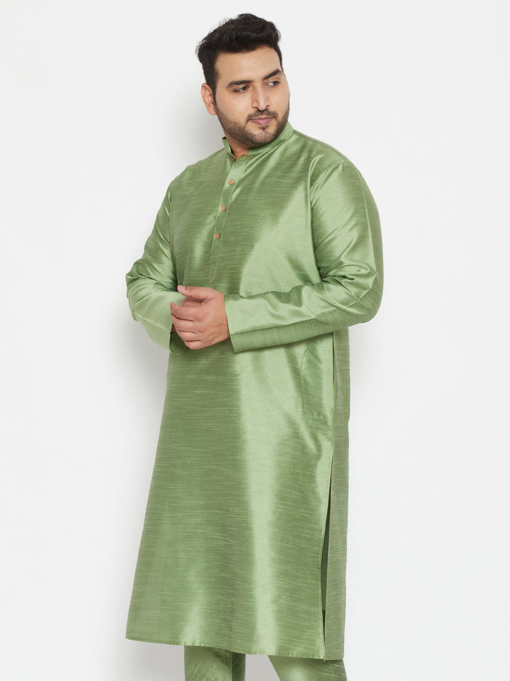 VASTRAMAY Men's Plus Size Mint Green Silk Blend Kurta with intricate embroidery and traditional Indian design