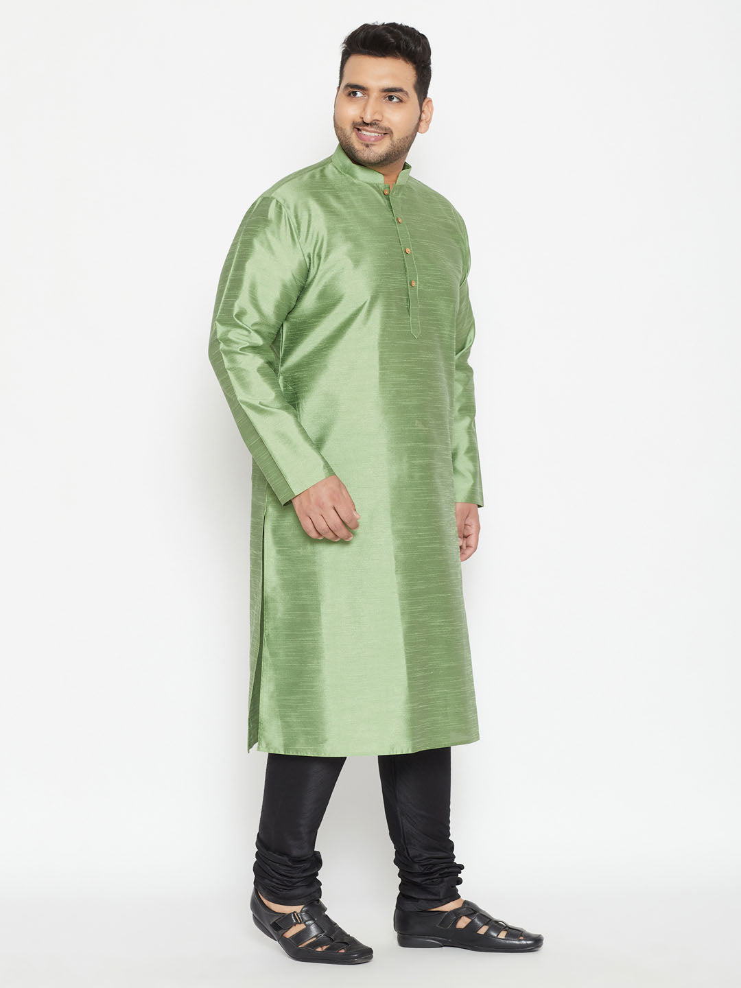 VASTRAMAY Men's Plus Size Light Green Silk Blend Kurta Pyjama Set