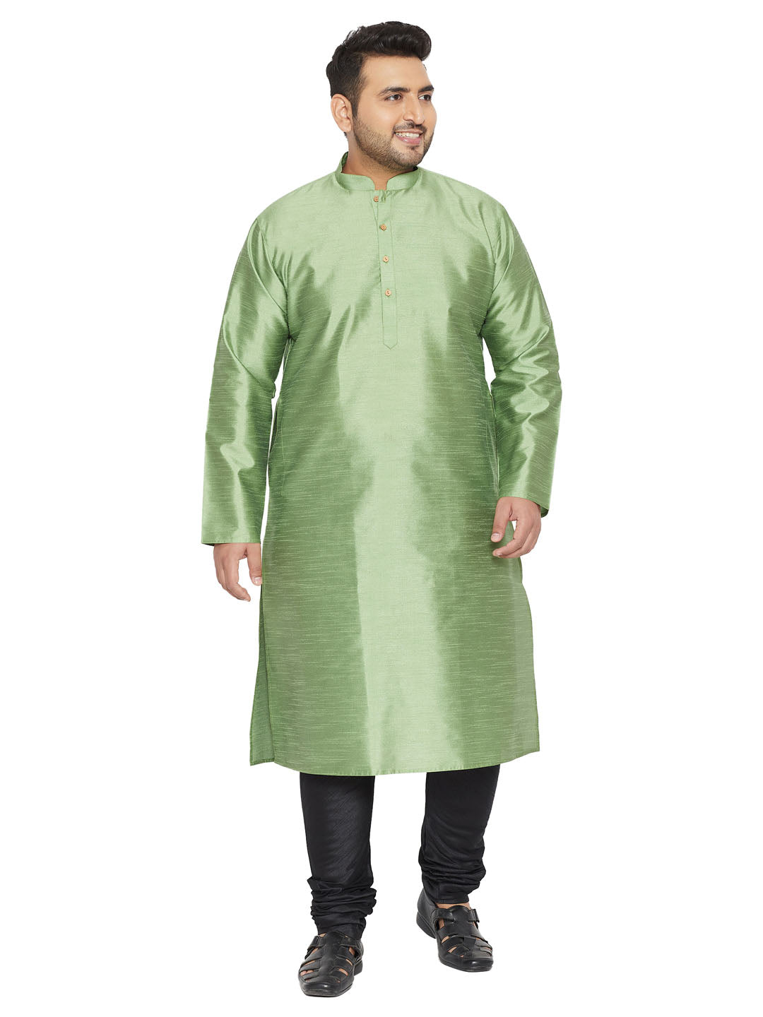  VASTRAMAY Men's Plus Size Light Green Silk Blend Kurta Pyjama Set with a traditional design and soft, breathable fabric