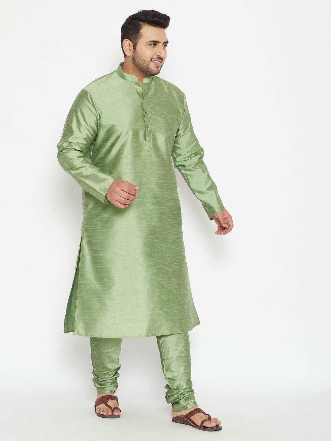 VASTRAMAY Men's Plus Size Mint Green Silk Blend Kurta Pyjama Set