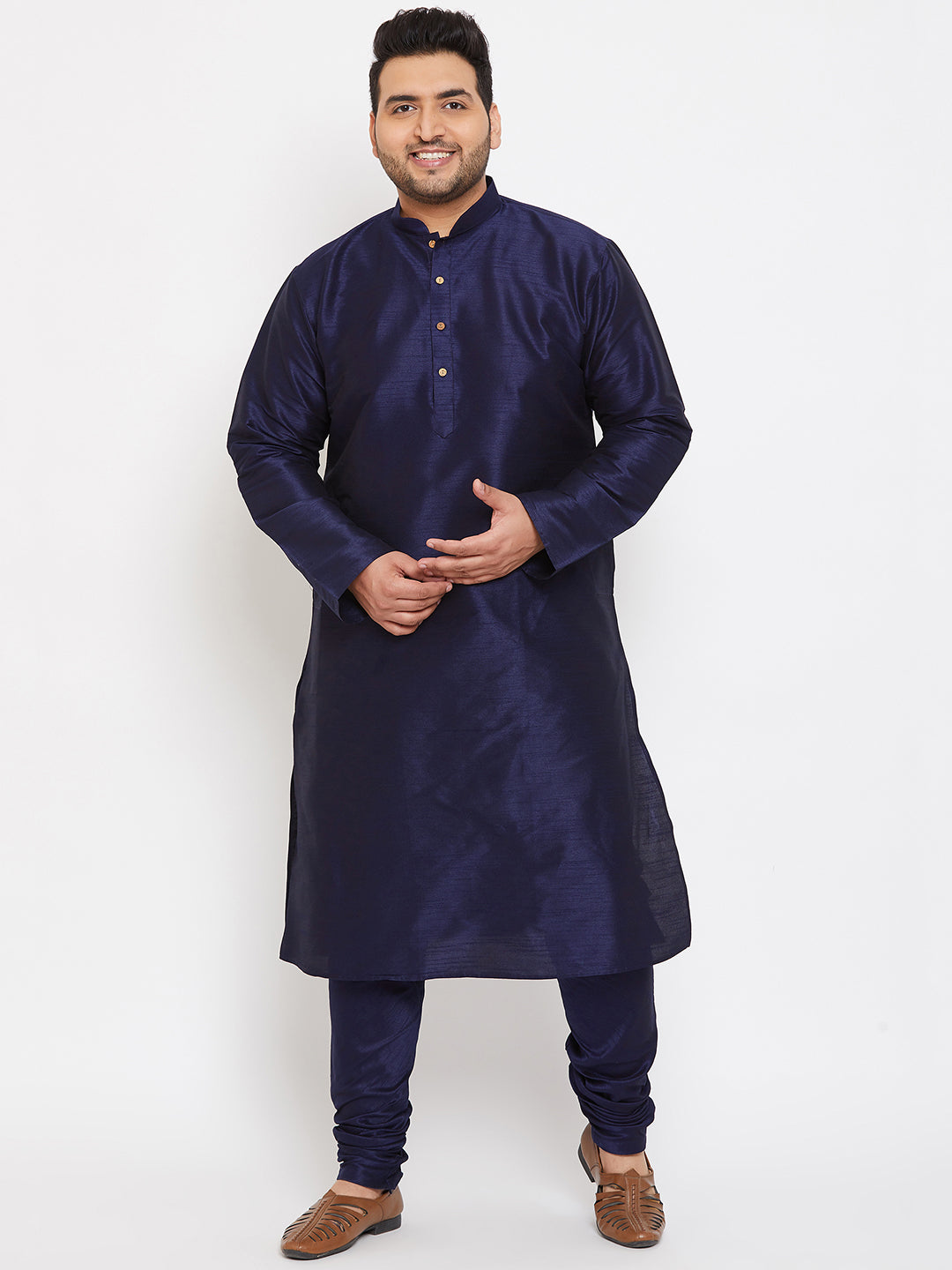 VASTRAMAY Men's Plus Size Navy Blue Silk Blend Kurta