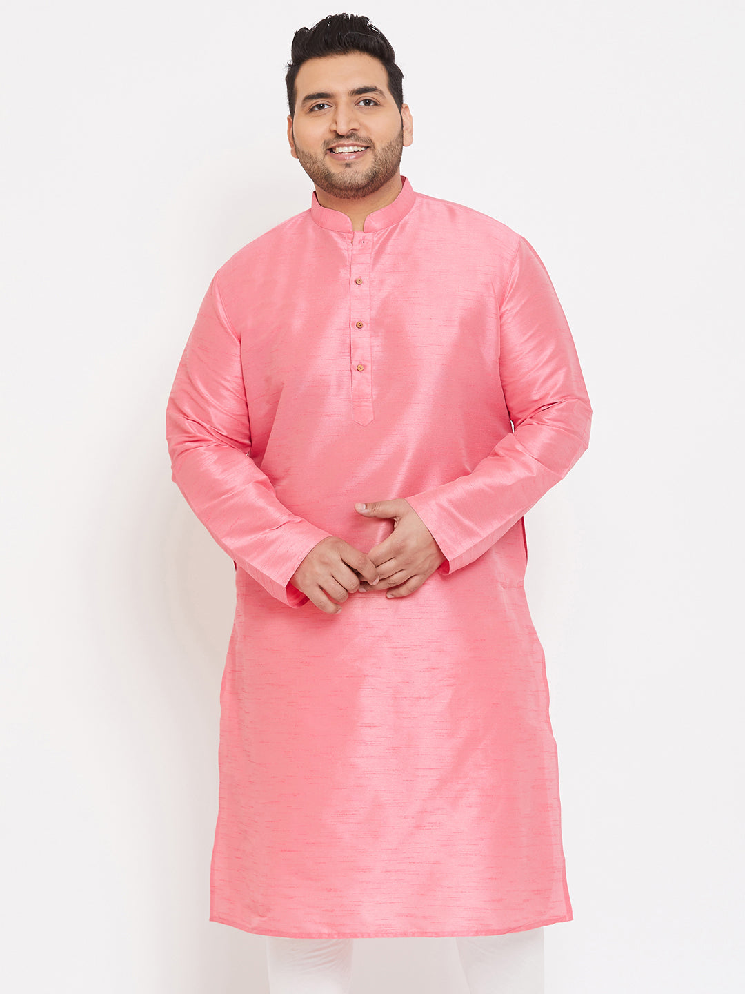 VASTRAMAY Men's Plus Size Pink Silk Blend Kurta, traditional Indian attire with intricate embroidery and comfortable fit for all-day wear