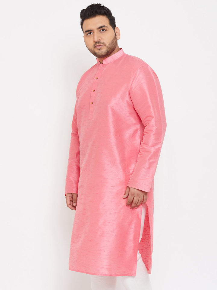 VASTRAMAY Men's Plus Size Pink Silk Blend Kurta with intricate embroidery and traditional collar design for a stylish and comfortable look