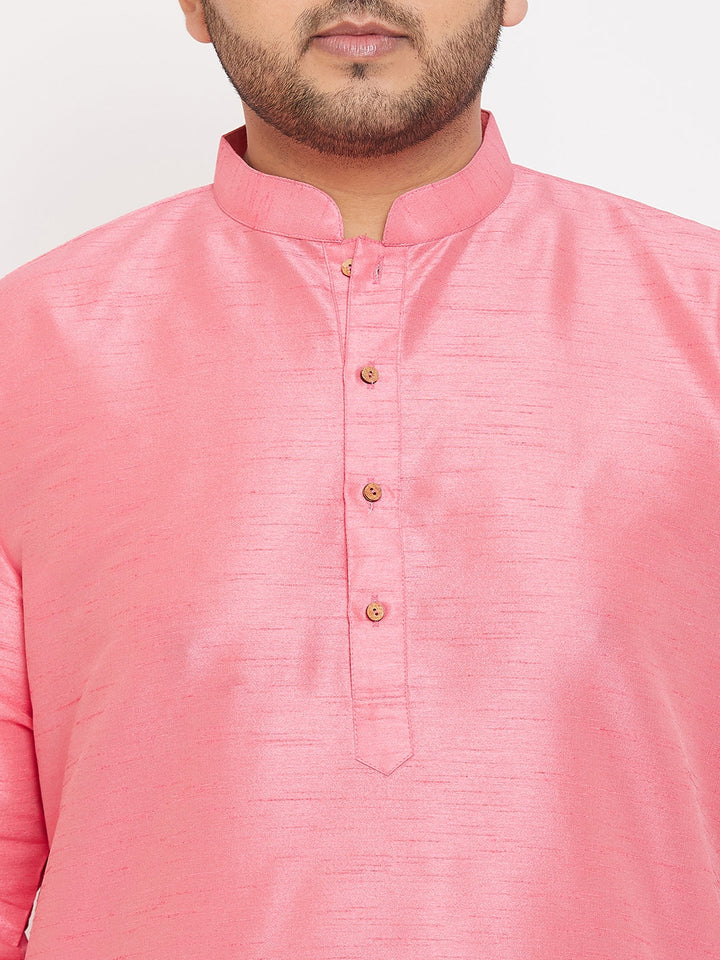 Men's plus size pink silk blend kurta with intricate embroidery detail