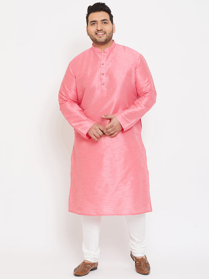  Side view of VASTRAMAY Men's Plus Size Pink Silk Blend Kurta, showcasing the high-quality silk blend fabric and comfortable fit