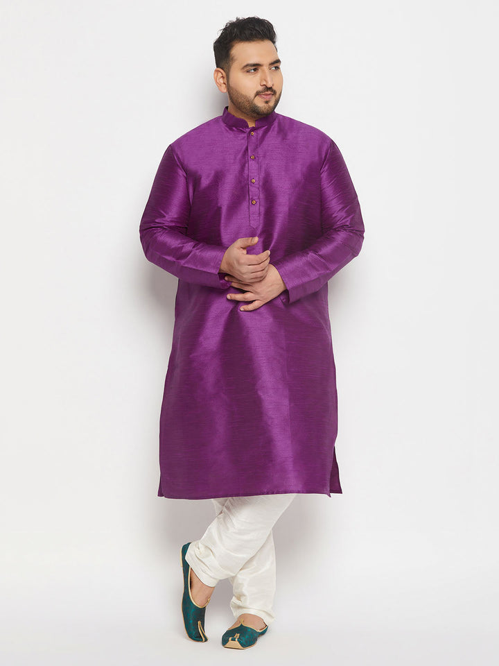 VASTRAMAY Men's Plus Size Purple Silk Blend Kurta Pant Set