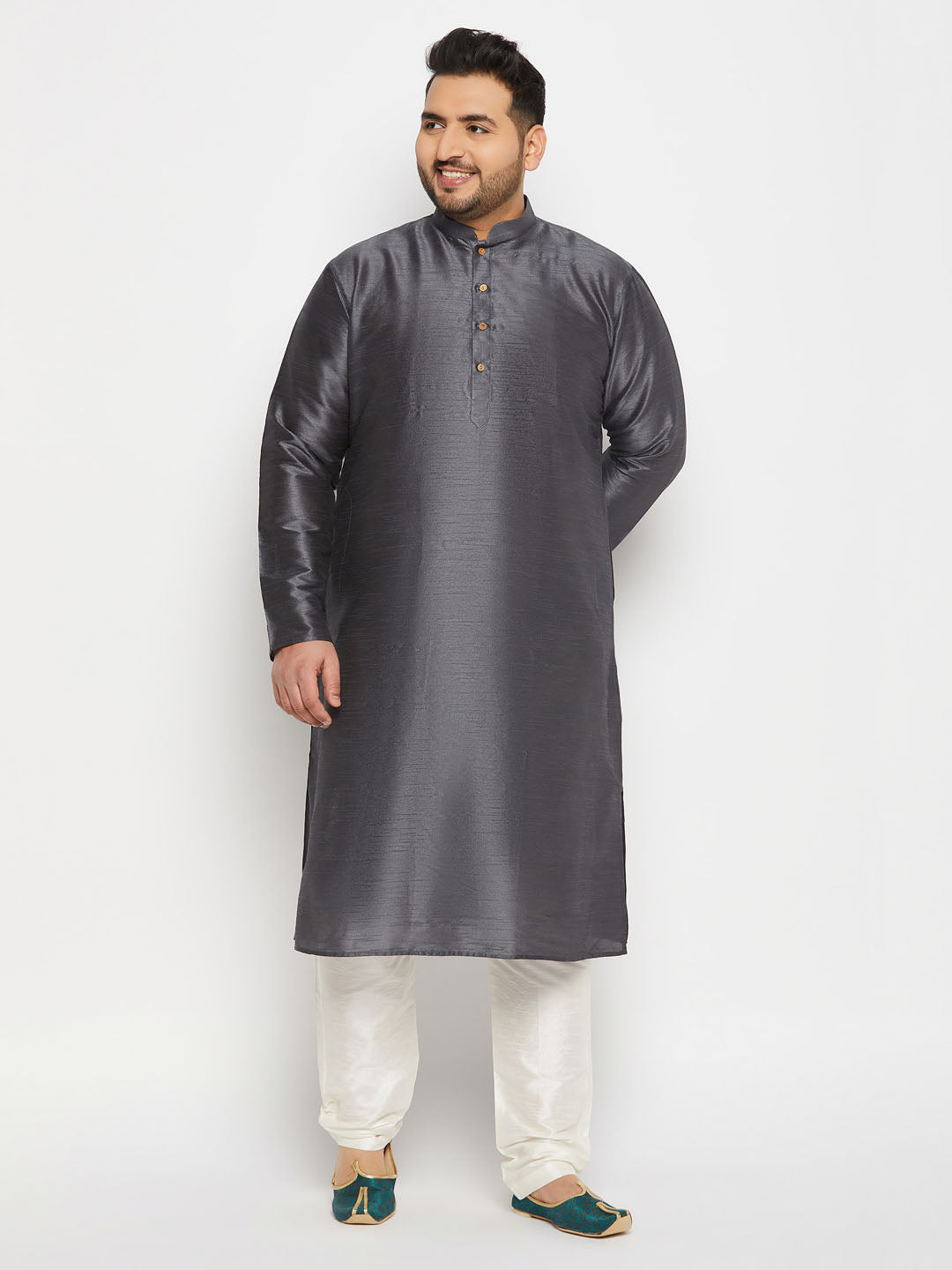 Men's Plus Size Grey Silk Blend Kurta Pant Set