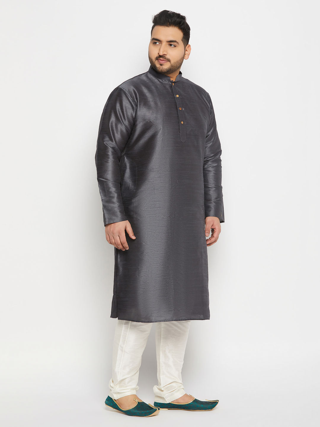 Men's Plus Size Grey Silk Blend Kurta Pant Set