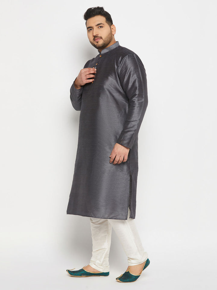 Men's plus size grey silk blend kurta pant set on hanger