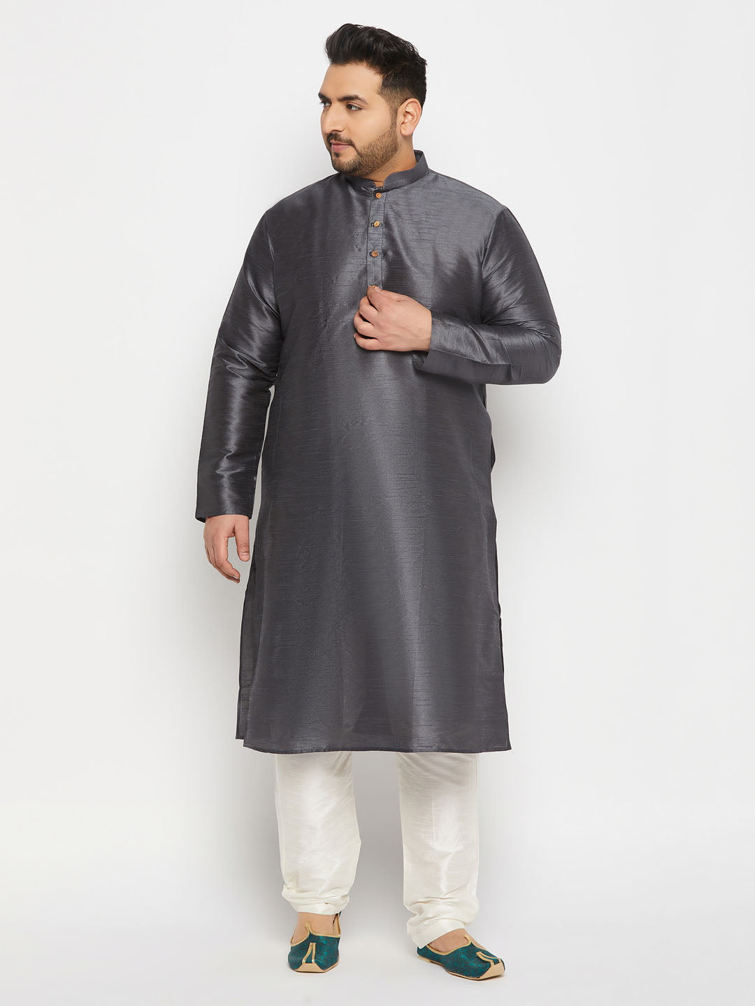 Top view of the folded grey silk blend kurta pant set