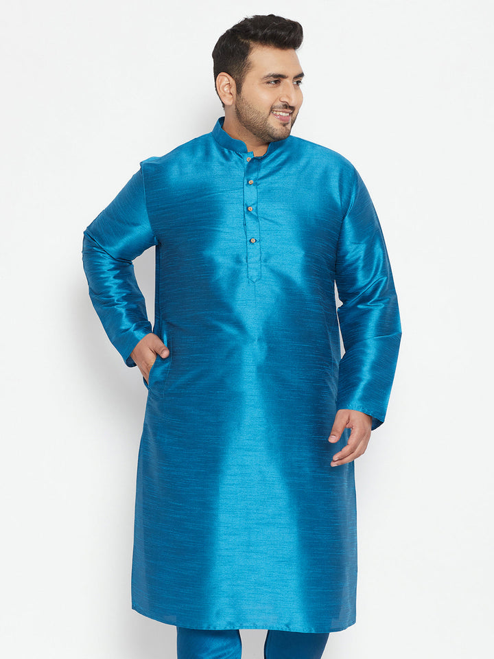 VASTRAMAY Men's Plus Size Turquoise Silk Blend Kurta