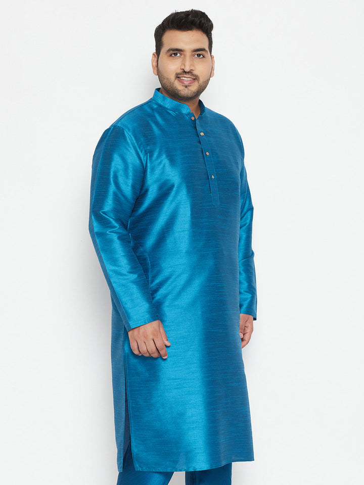 VASTRAMAY Men's Plus Size Turquoise Silk Blend Kurta with traditional Indian embroidery and mandarin collar