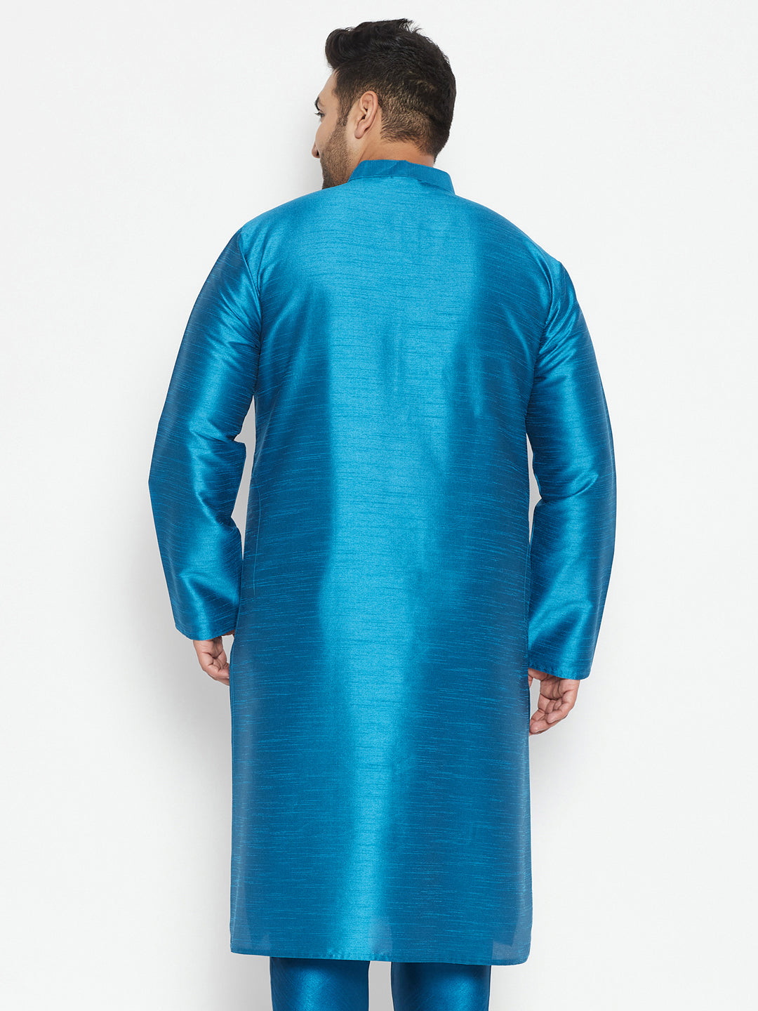  Elegant VASTRAMAY Men's Plus Size Turquoise Silk Blend Kurta with side slits and full sleeves