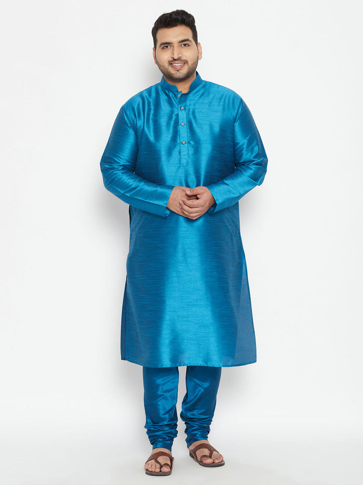 VASTRAMAY Men's Plus Size Turquoise Silk Blend Kurta