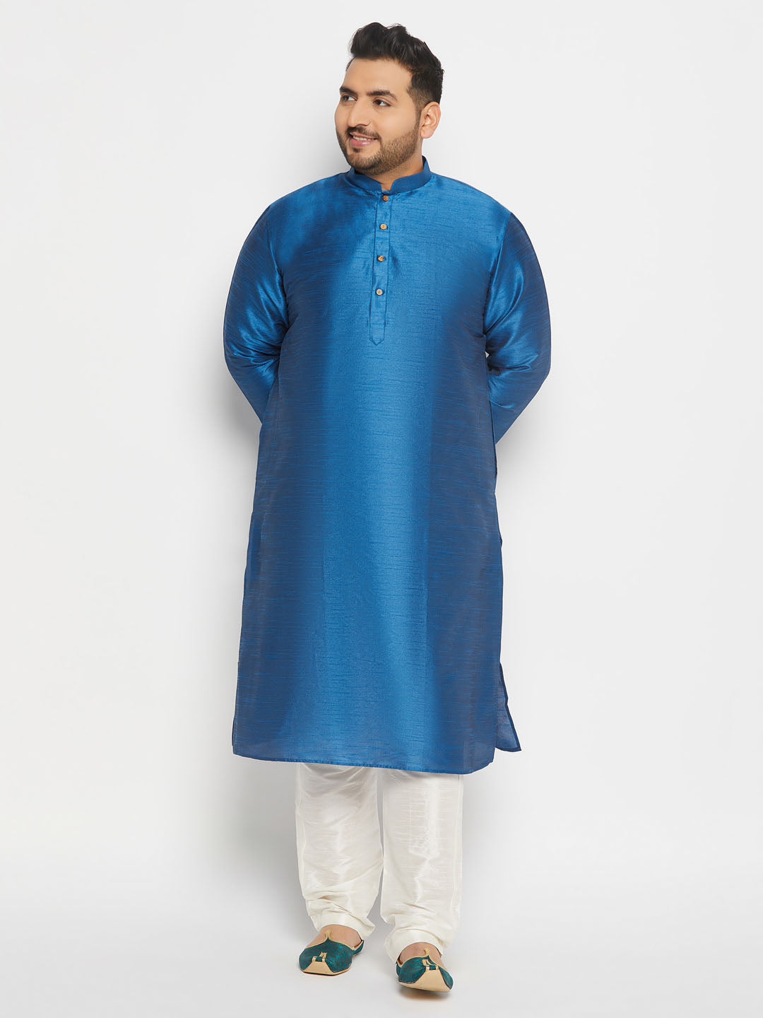 VASTRAMAY Men's Plus Size Turquoise Blue Silk Blend Kurta Pant Set, perfect for festive occasions and traditional Indian events